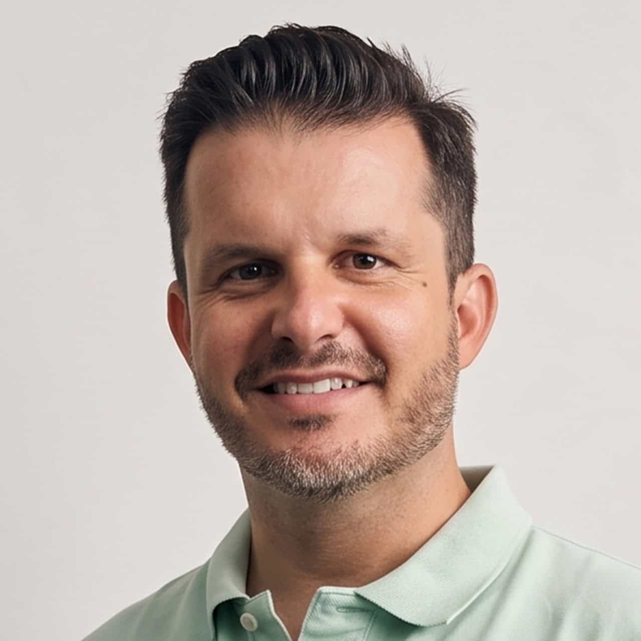 Professional man smiling in a light green polo shirt for About us page.